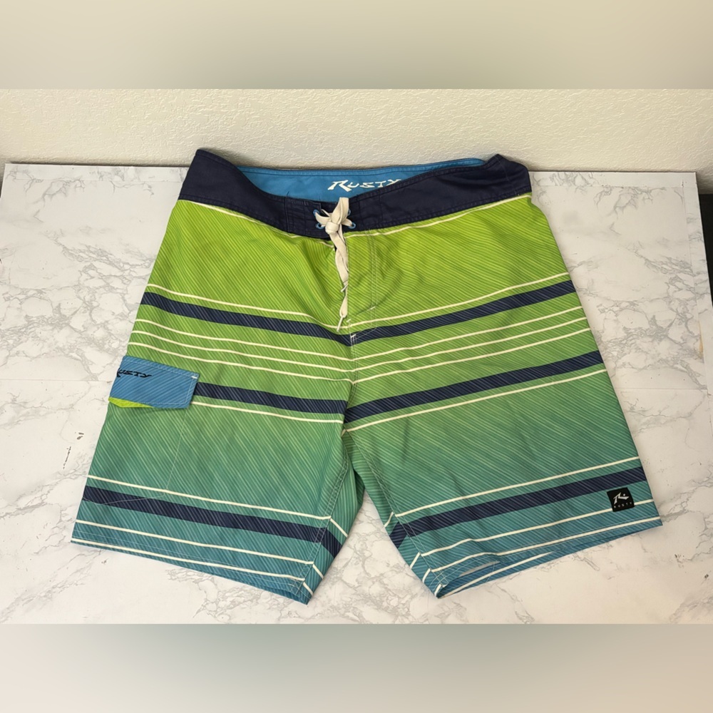 Vintage Rusty Board shorts Y2K Surf Swim Sz 34 Blue Green Striped Drawstring​